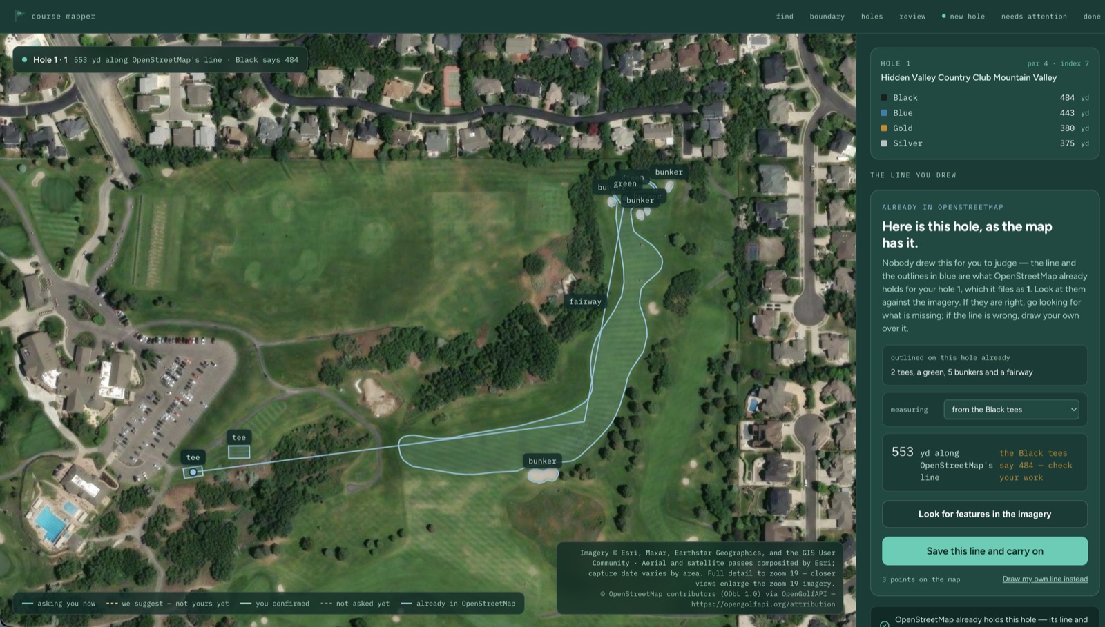 OSM Course Mapper reviewing hole 1: aerial imagery with a drawn playing line beside a review rail showing per-tee yardages